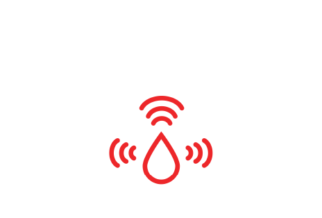 Red icon of a water droplet with signal waves on a white circular background.